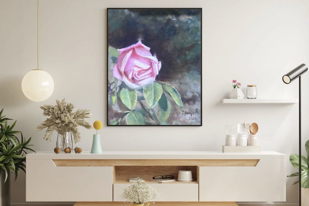 "Floral oil painting displayed as a meaningful gift in living space"