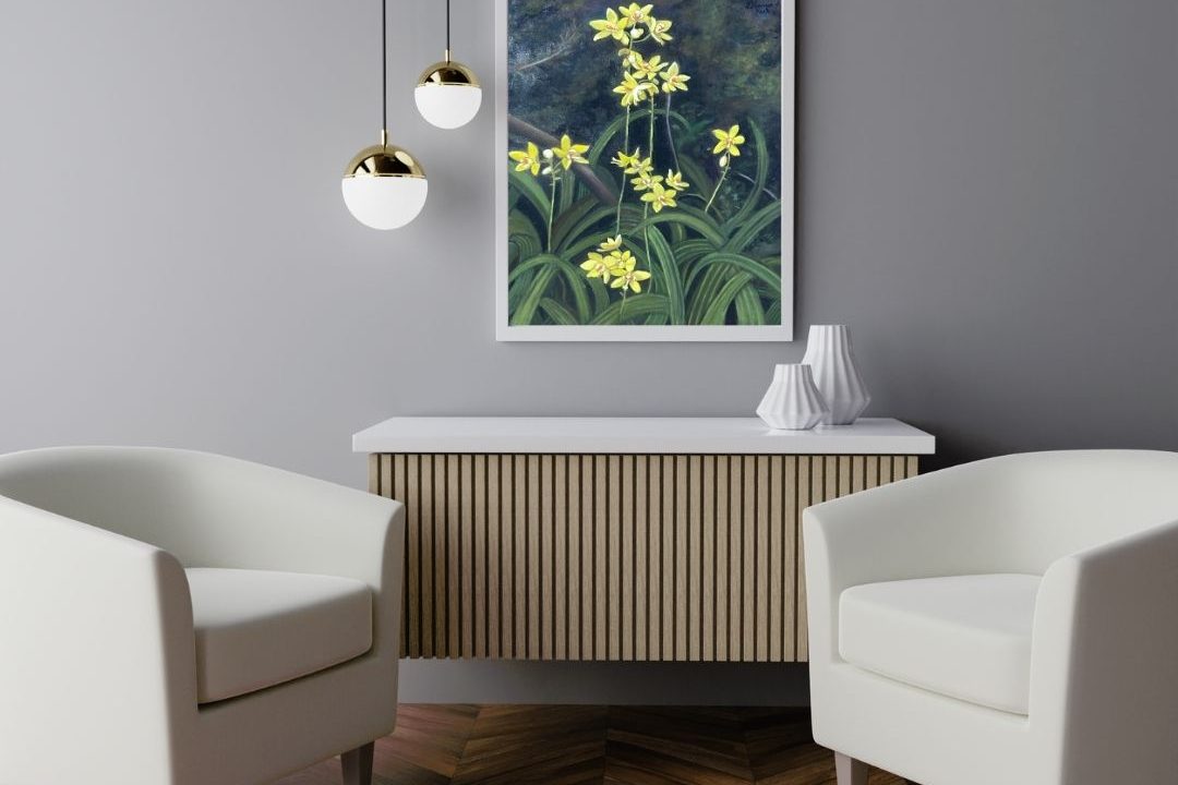 "Yellow Orchid oil painting symbolising joy and positivity" "yellow orchid oil painting displayed in cozy living room"