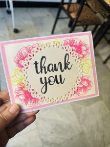 " Floral oil painting gift presented with handwritten note"